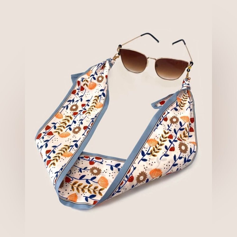 Anthropologie Floral Silk Sunglass Scarf in Blue, Orange, Brown never used